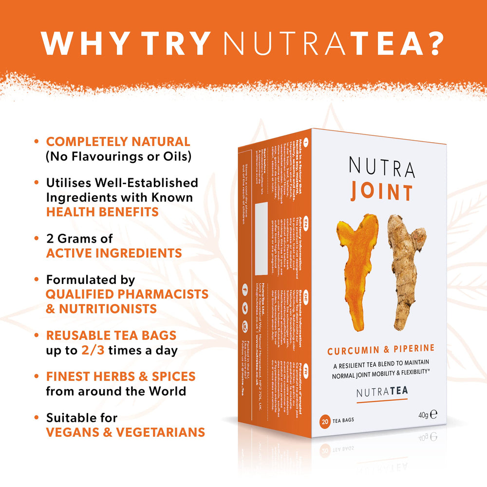 Nutra Tea brewed cup steaming, showing drinkable joint support and pleasant taste