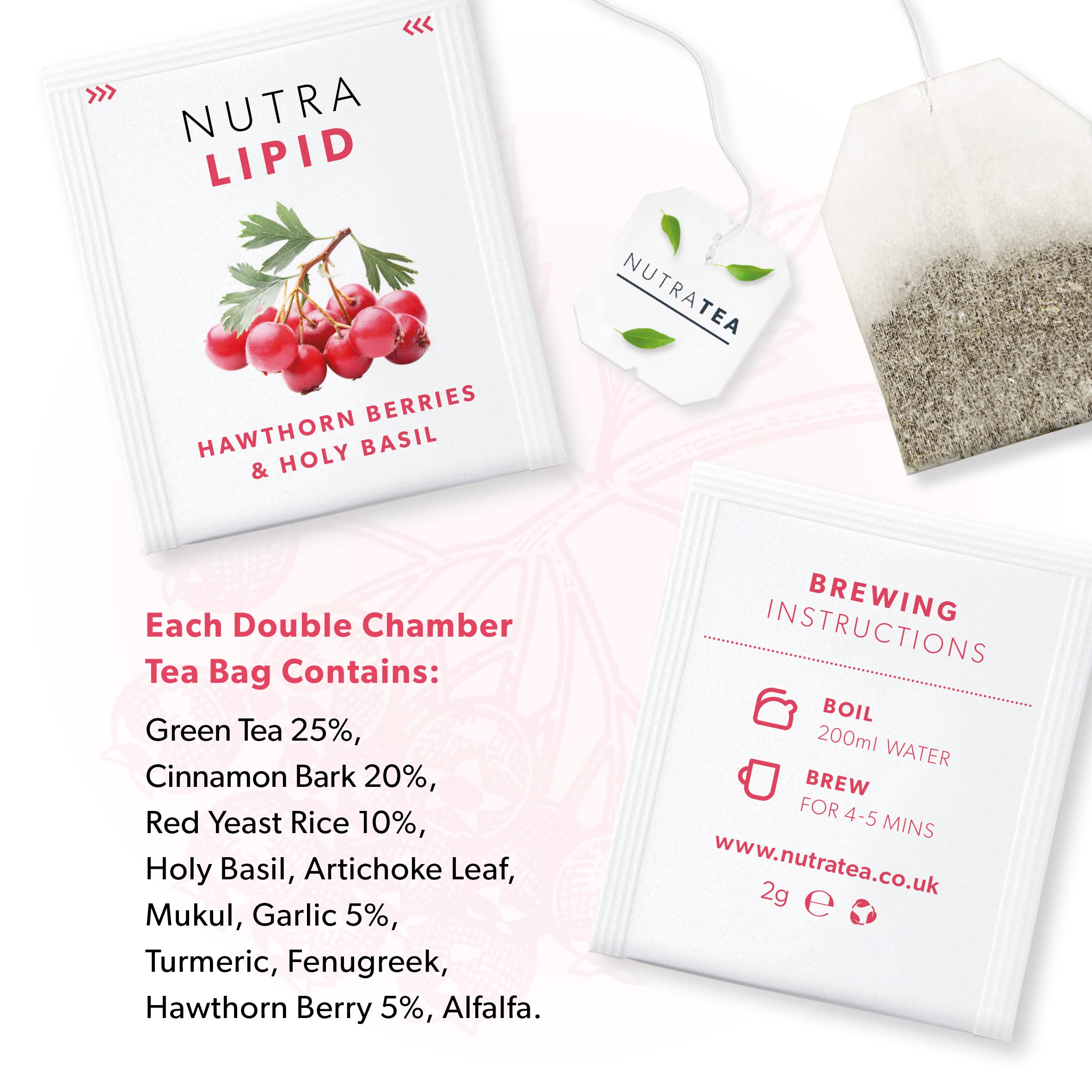 Nutra Tea arranged ingredients display including red yeast rice and hawthorn