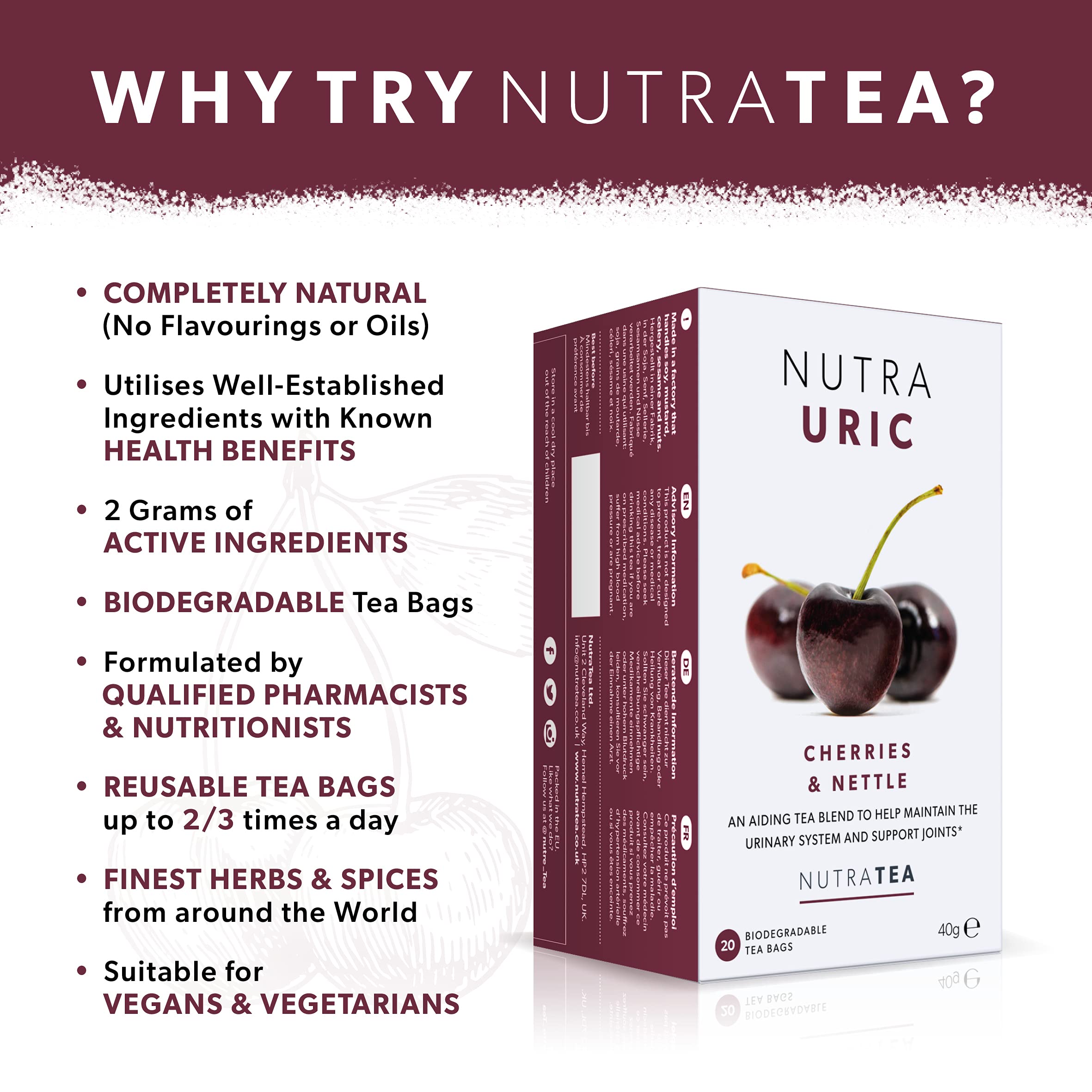 Nutra Tea NUTRAURIC loose blend texture showing cherry and herbs