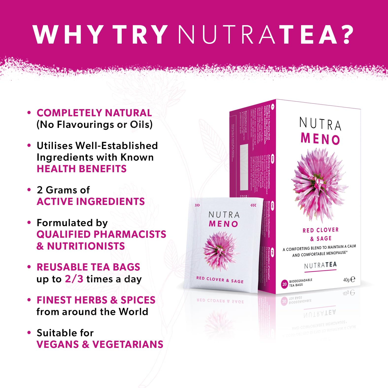 Nutra Tea red clover herb detail highlighting natural ingredients and botanical support