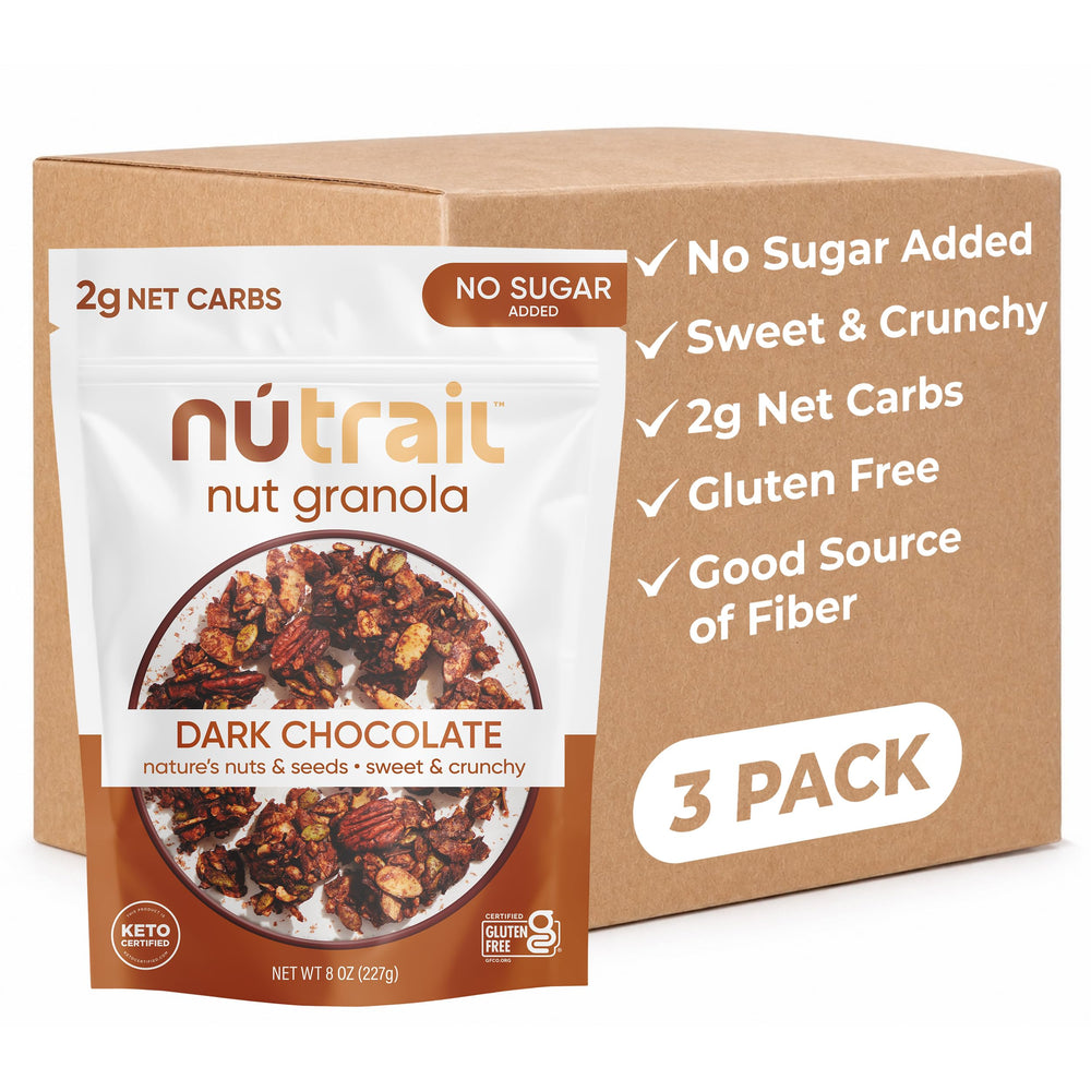 NuTrail front packaging showing dark chocolate granola and benefits