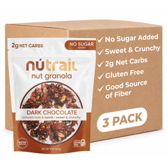 NuTrail front packaging showing dark chocolate granola and benefits