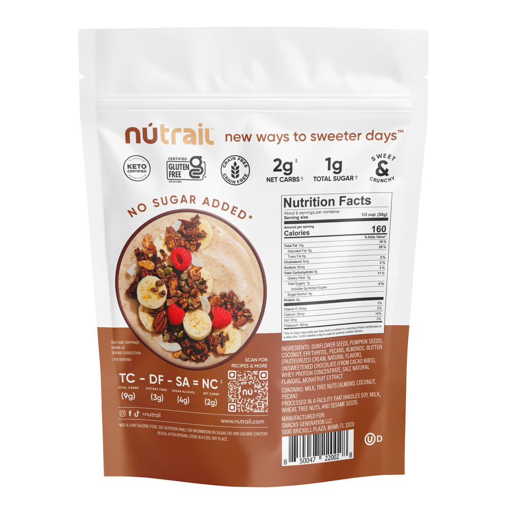 NuTrail granola styled on counter, lifestyle scene showing meal versatility