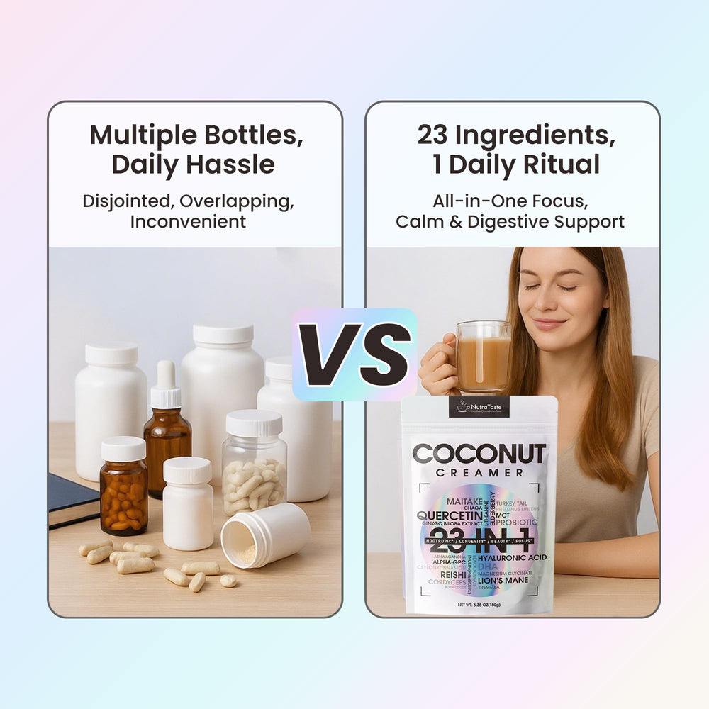 NUTRATASTE ingredient display with mushroom icons showing immune and focus support