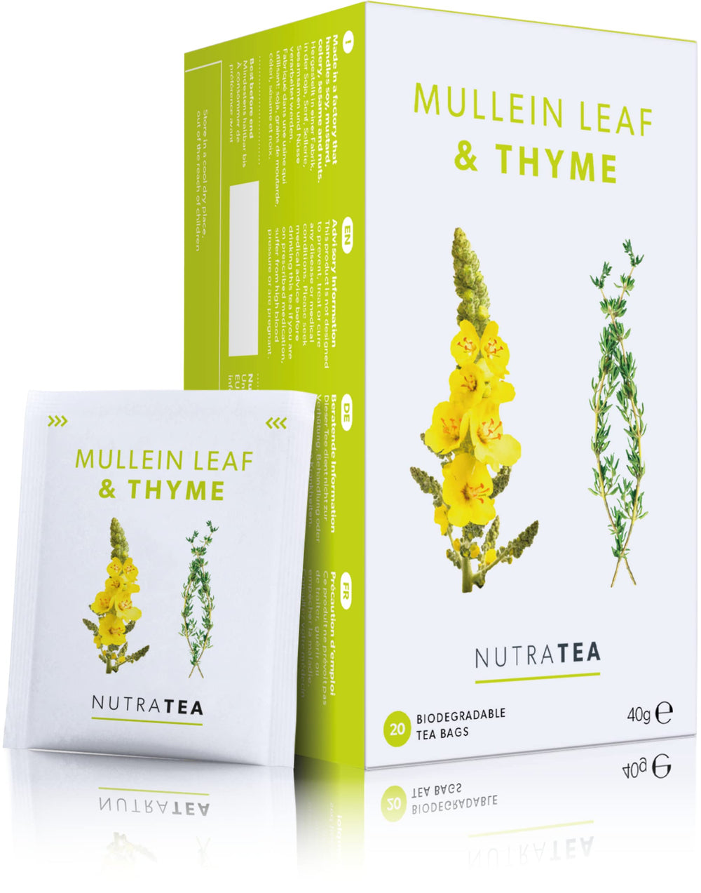 NutraTea front pack showing product name and 20 teabags, clear labeling benefit