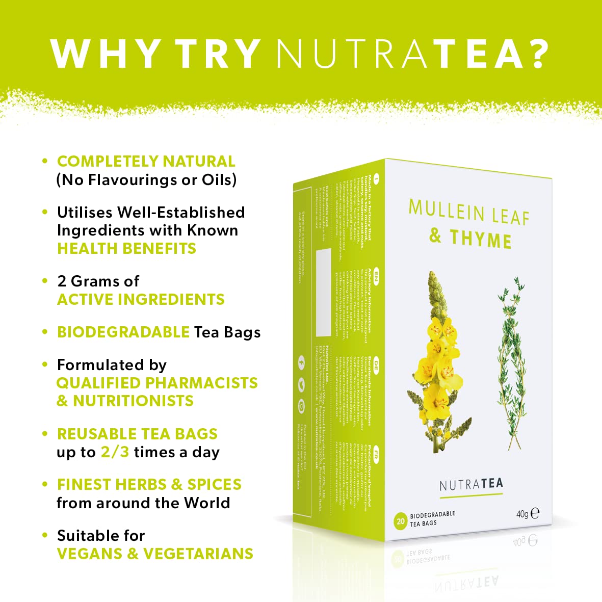 NutraTea loose mullein and thyme leaves visible to show ingredient quality benefit