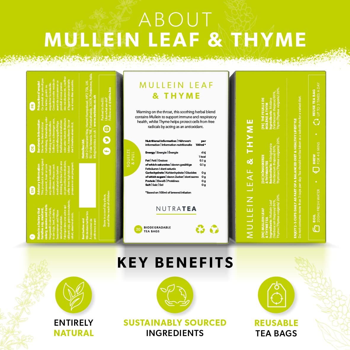 NutraTea teabag close-up revealing leaf texture and reusable design benefit