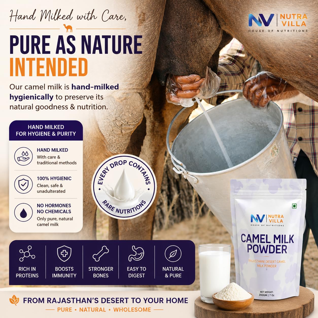 NutraVilla camel milk blended in smoothie bowl showing protein-rich blend benefit