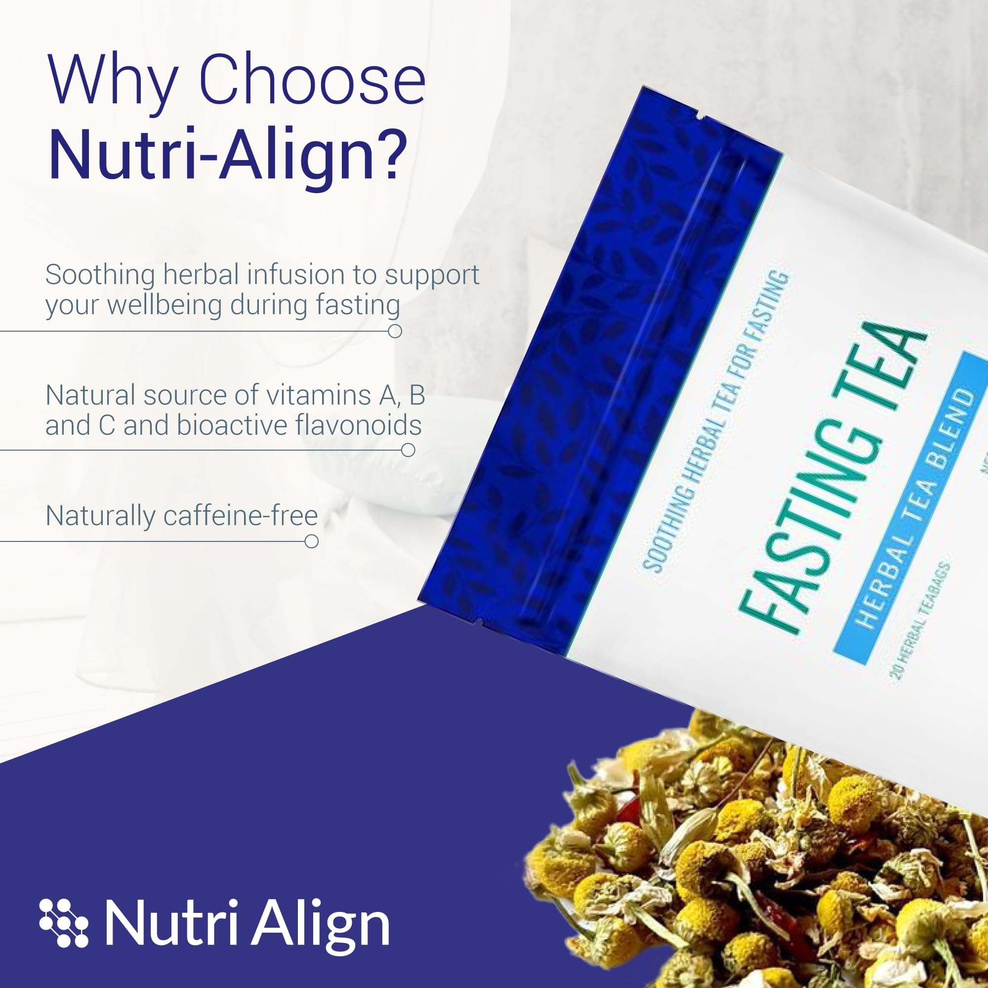 Nutri-Align close-up of dried chamomile, dandelion and rosehips highlighting natural ingredients