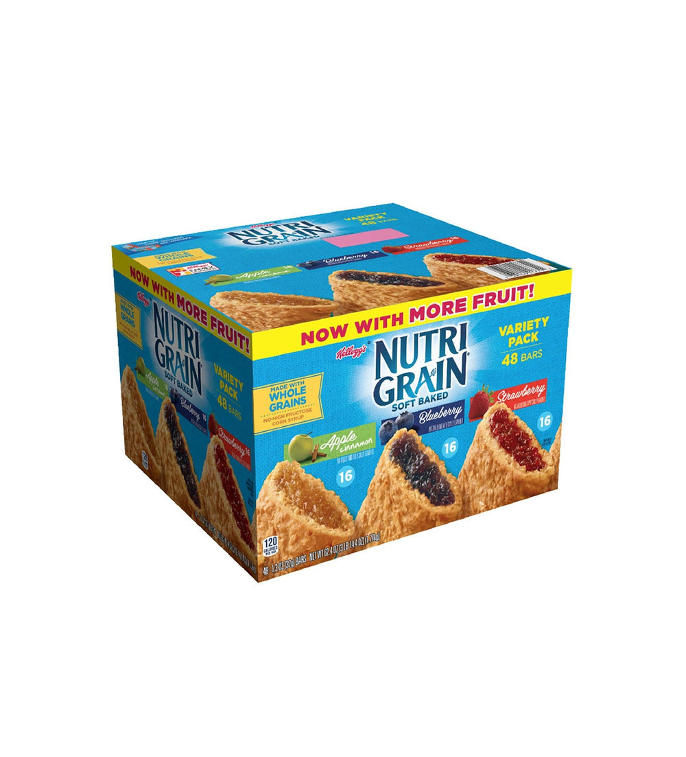 Nutri Grain front box view showing variety pack and easy grab-and-go convenience