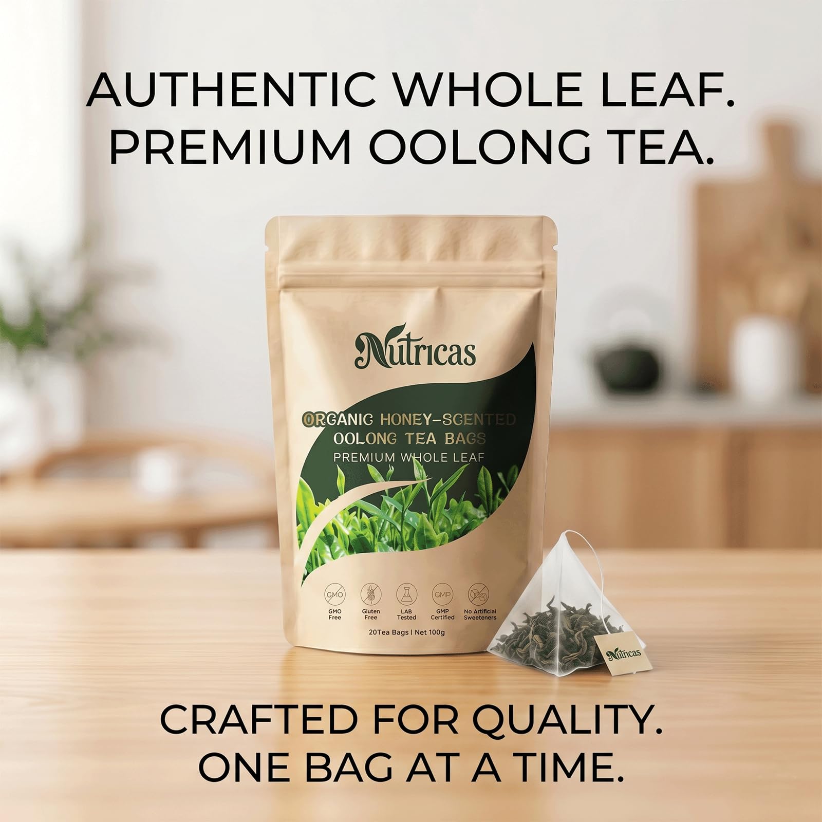 Nutricas open box with 20 biodegradable tea bags ready to brew