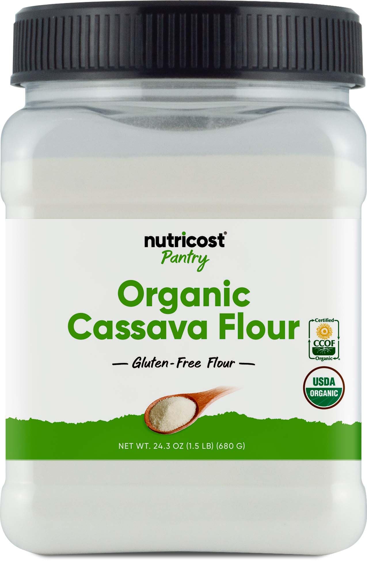 Nutricost front packaging showing organic cassava flour and certifications benefit clarity