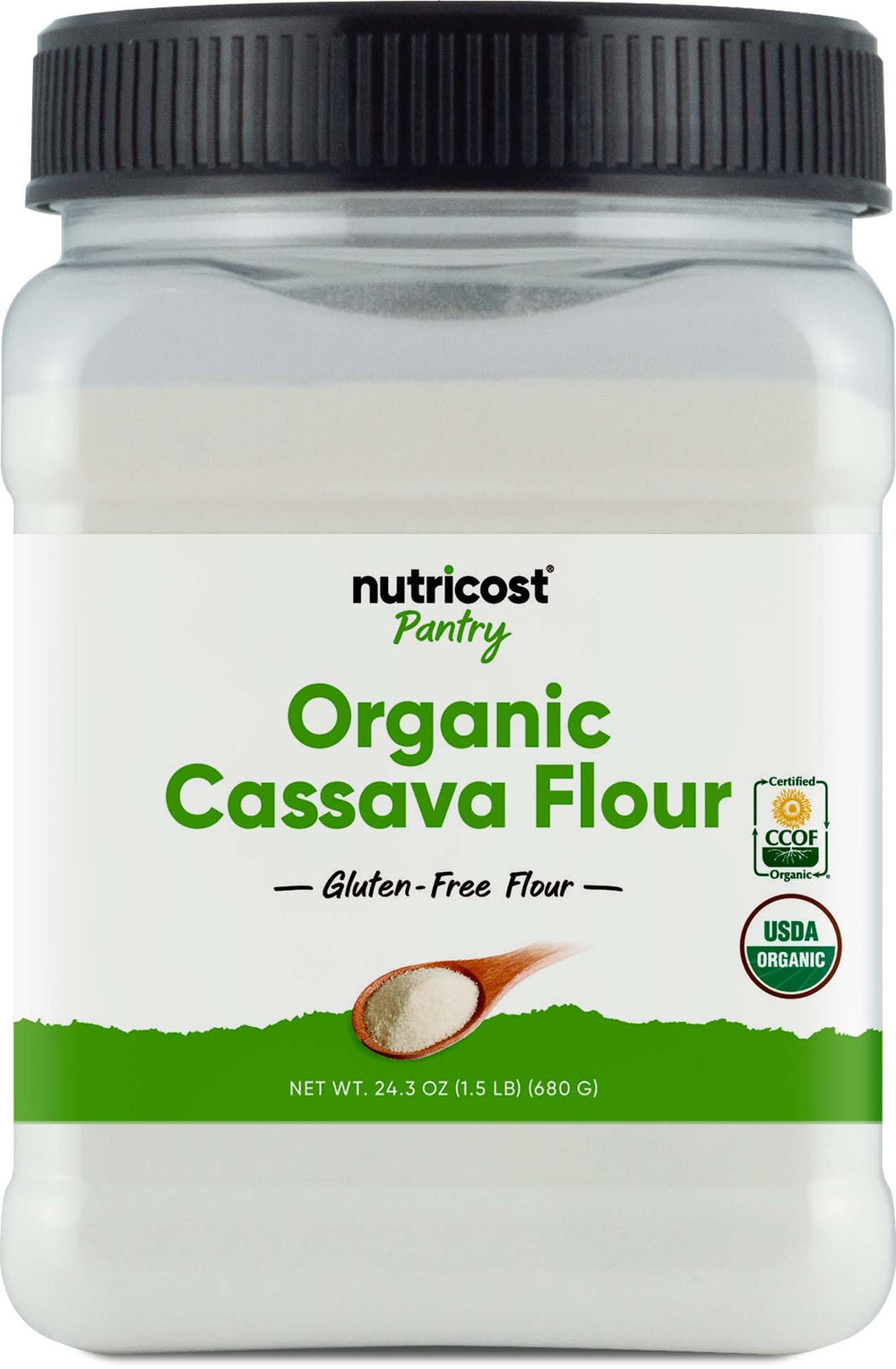 Nutricost front packaging showing organic cassava flour and certifications benefit clarity