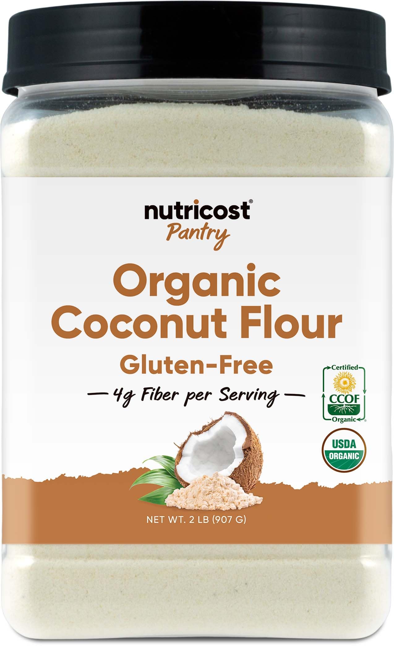 Nutricost front packaging showing 2 lb organic coconut flour and clear product benefit