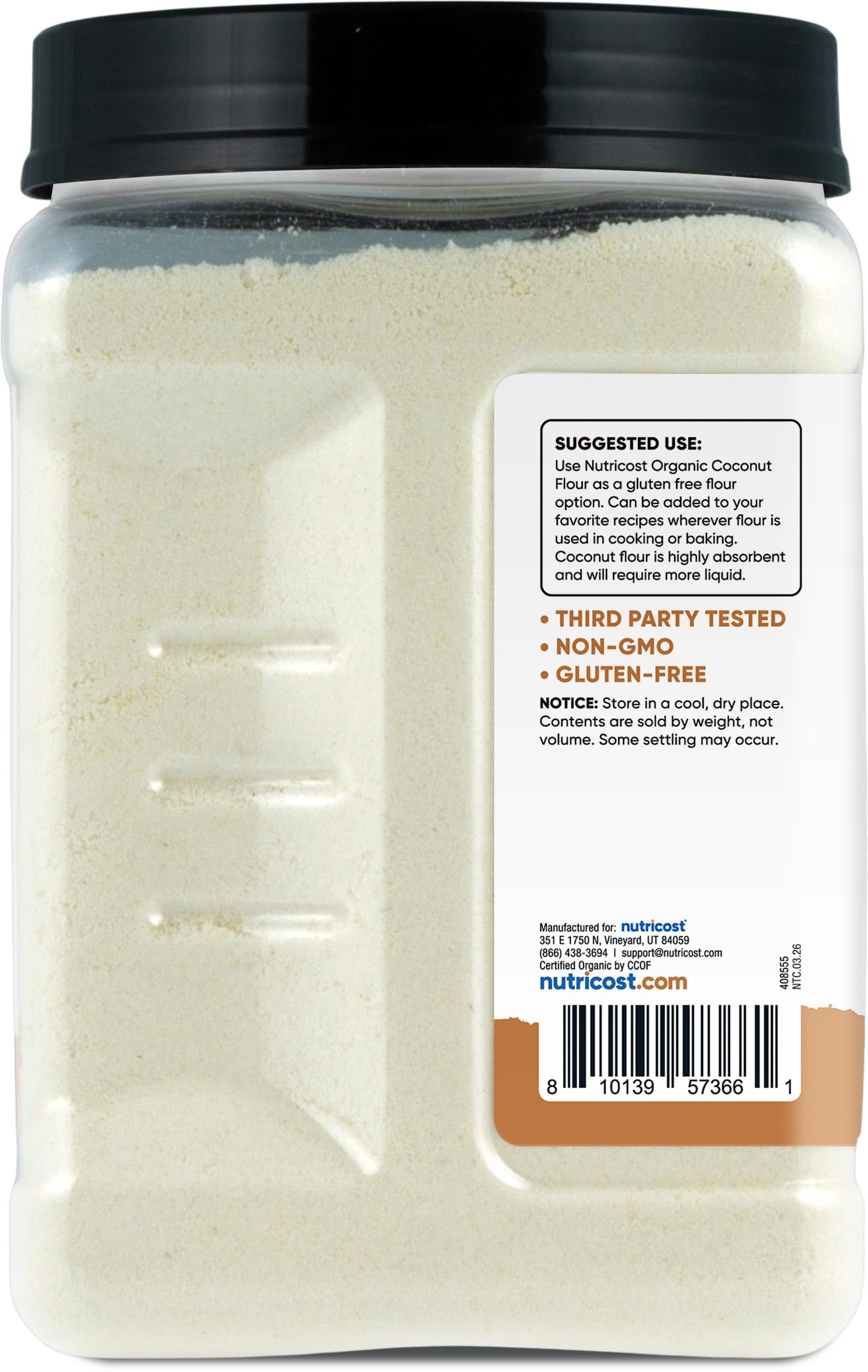 Nutricost flour portion next to measuring cup showing accurate two-pound supply