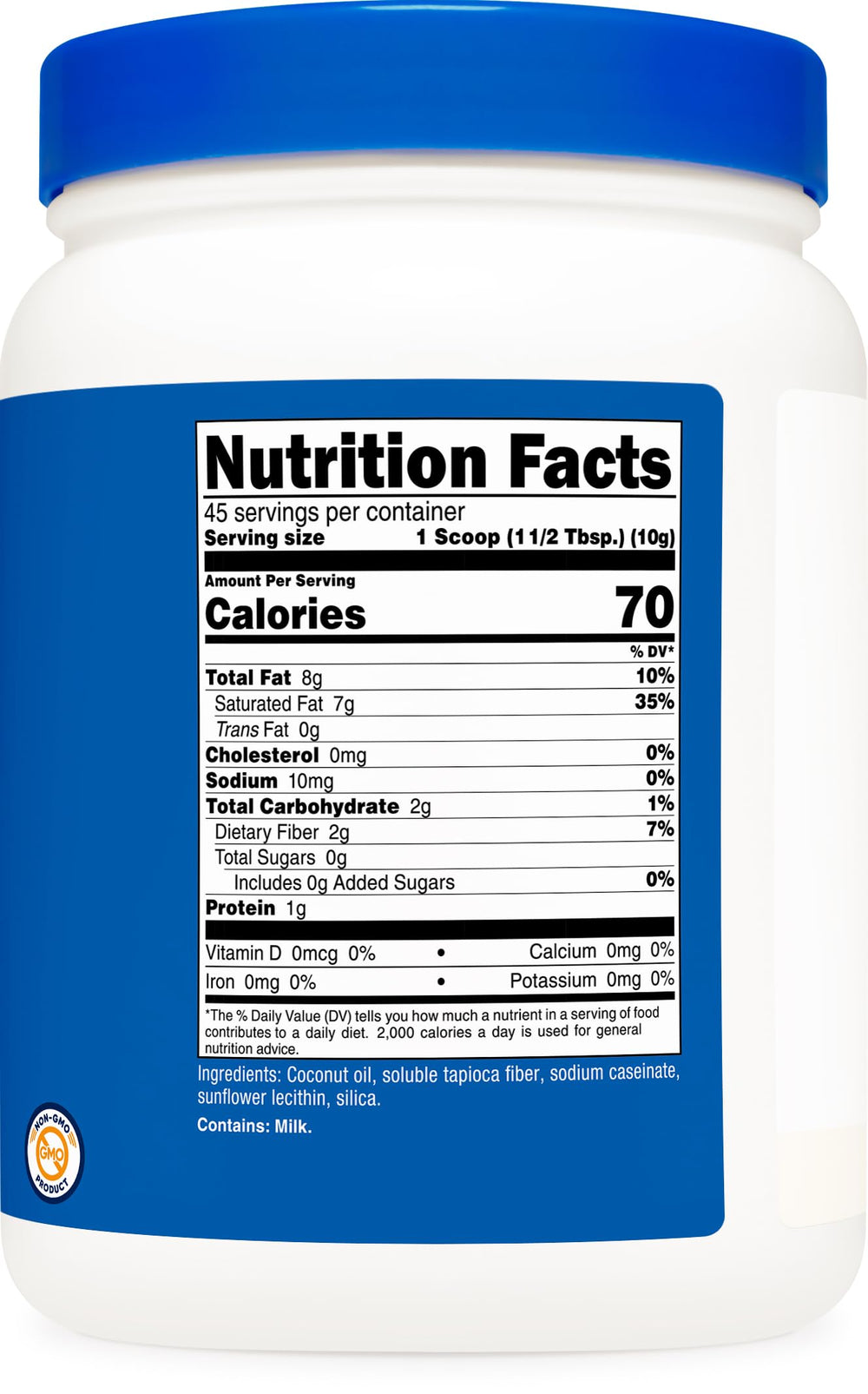 Nutricost tub next to a measuring cup showing scale and travel-friendly size