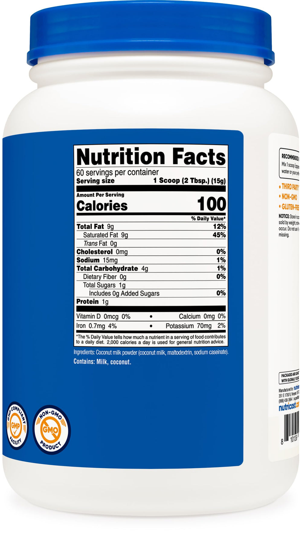 Nutricost jar alongside measuring cup showing two-pound scale and portioning benefit