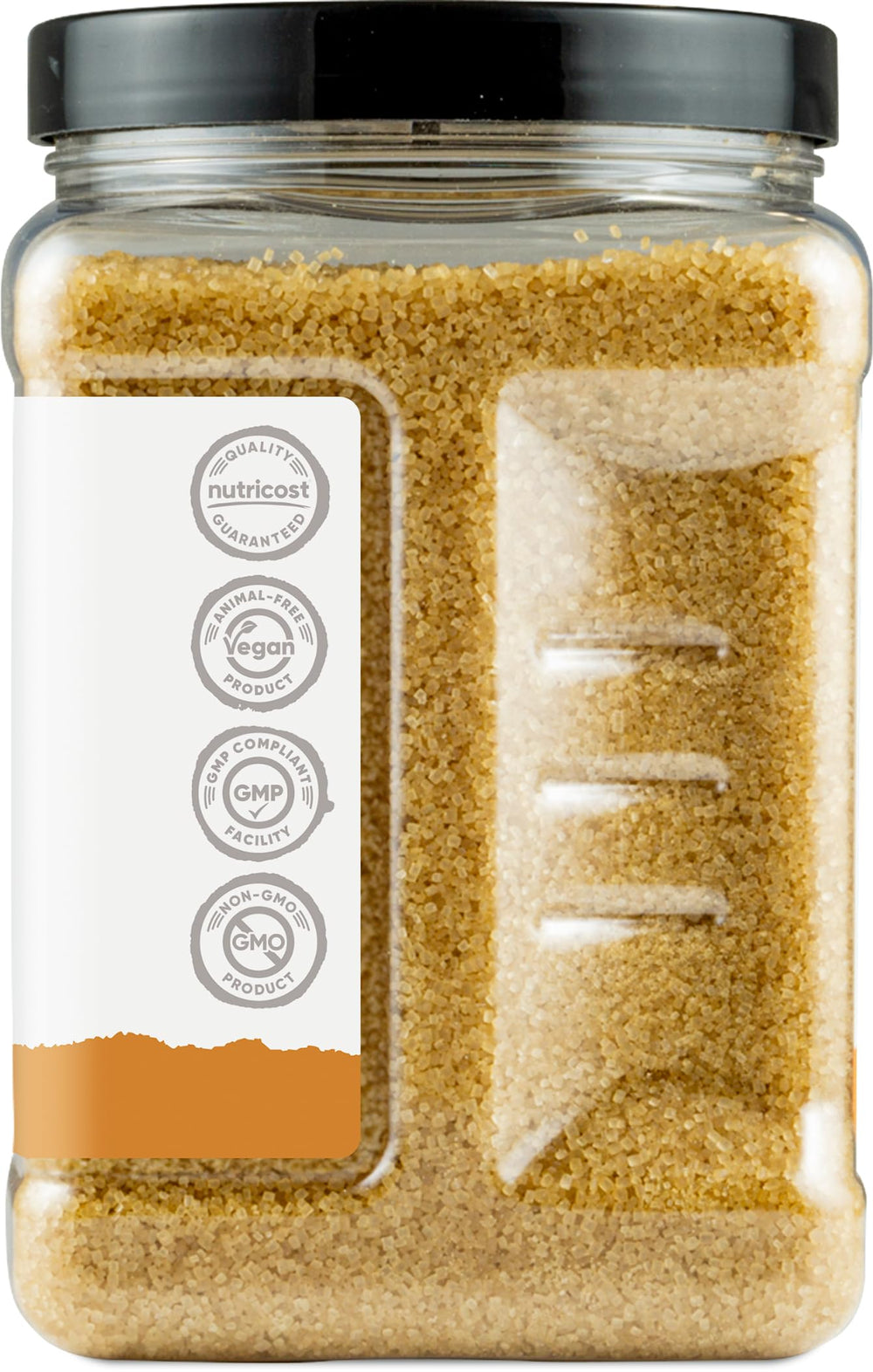 Nutricost 4-pound bottle beside kitchen scale showing size and pantry portioning benefit