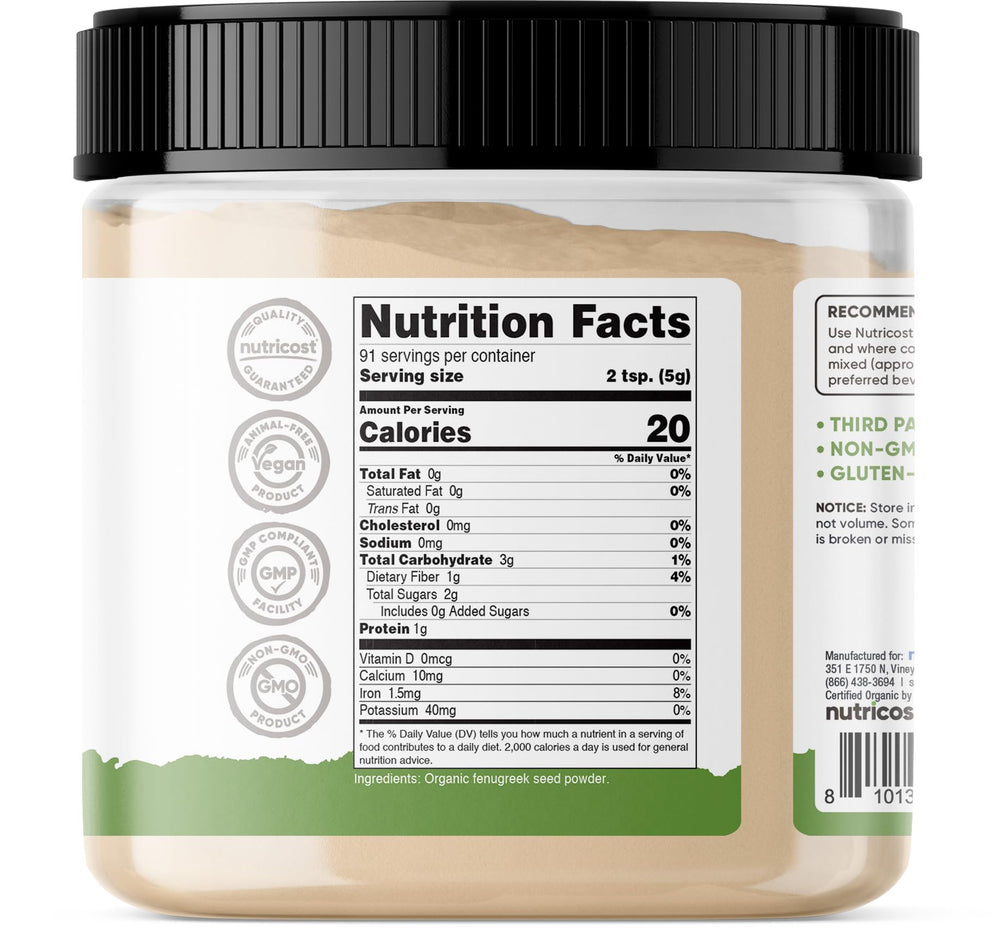 Nutricost fenugreek jar on kitchen counter in lifestyle setting for pantry-ready use