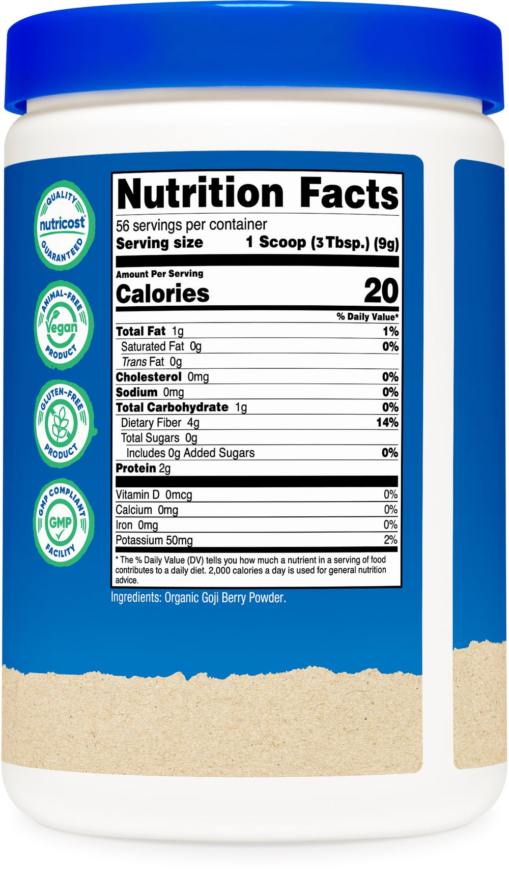 Nutricost 500g container beside a measuring cup for portion scale