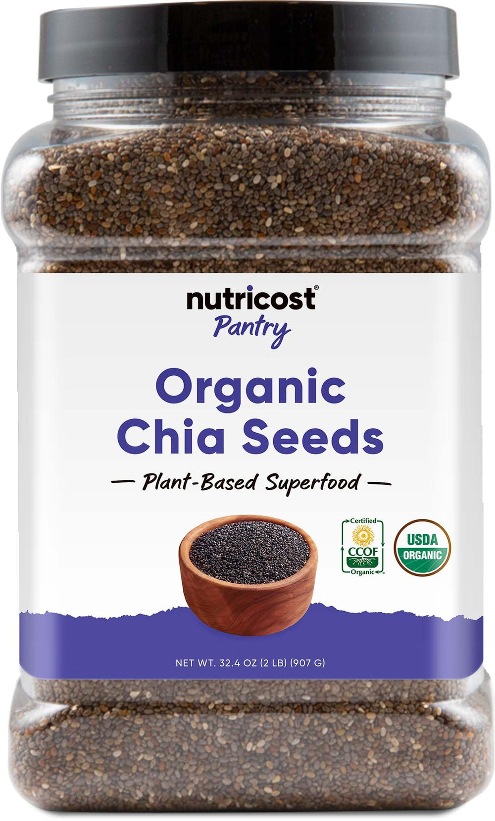 Nutricost front packaging showing 2-pound organic chia seeds and pantry-ready convenience