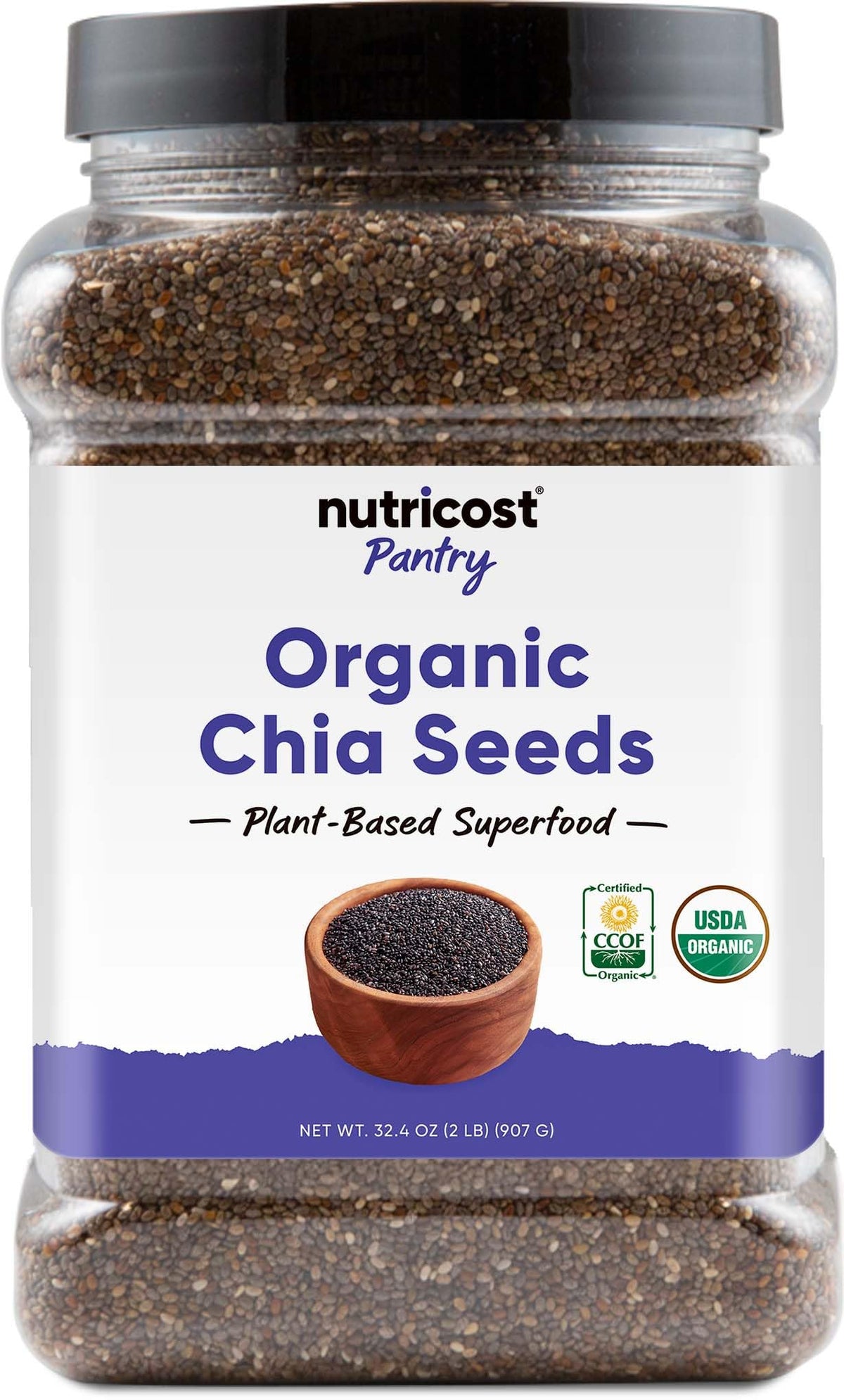 Nutricost front packaging showing 2-pound organic chia seeds and pantry-ready convenience
