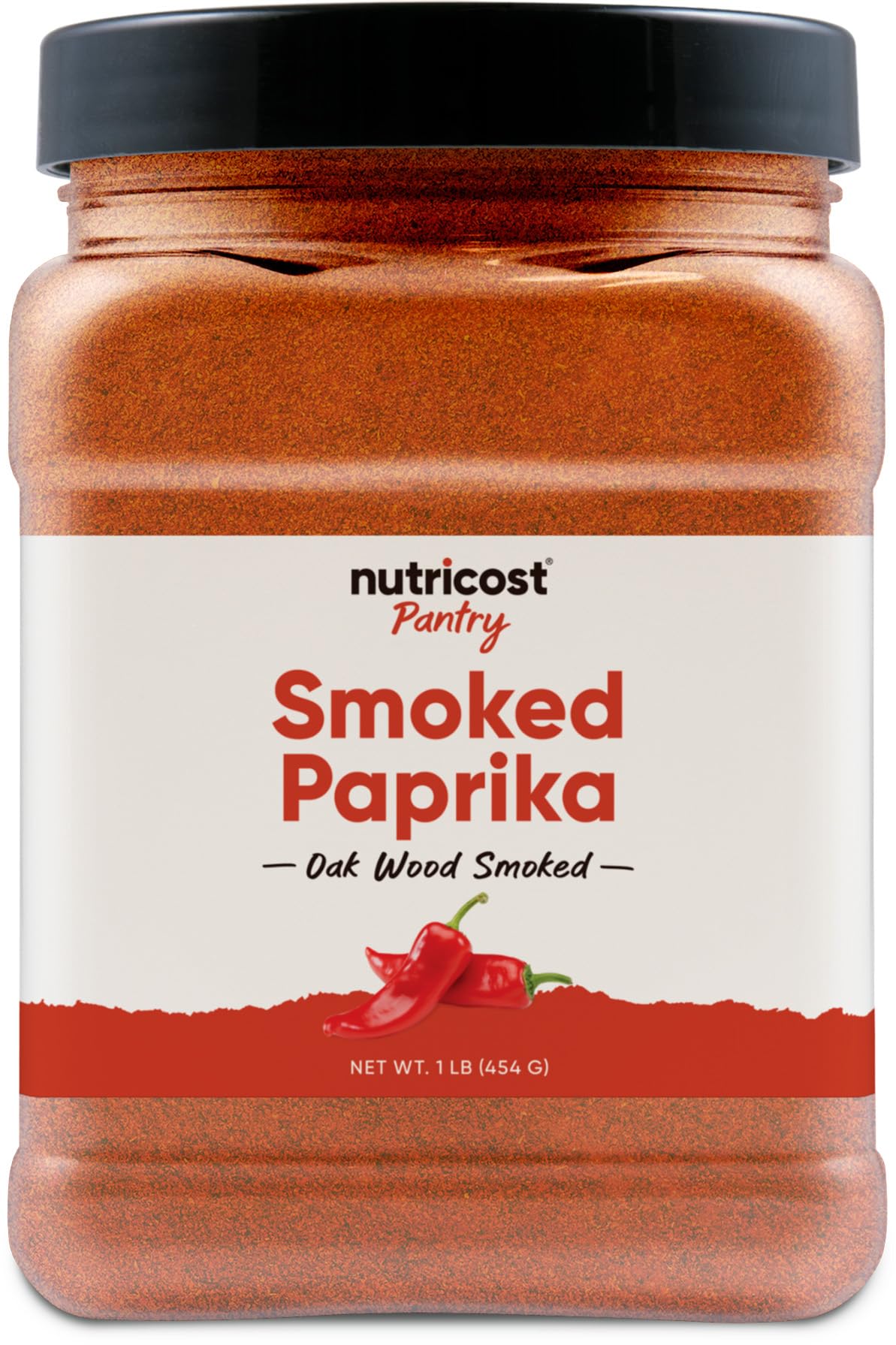 Nutricost smoked paprika front packaging showing one-pound bottle and convenient bulk size benefit