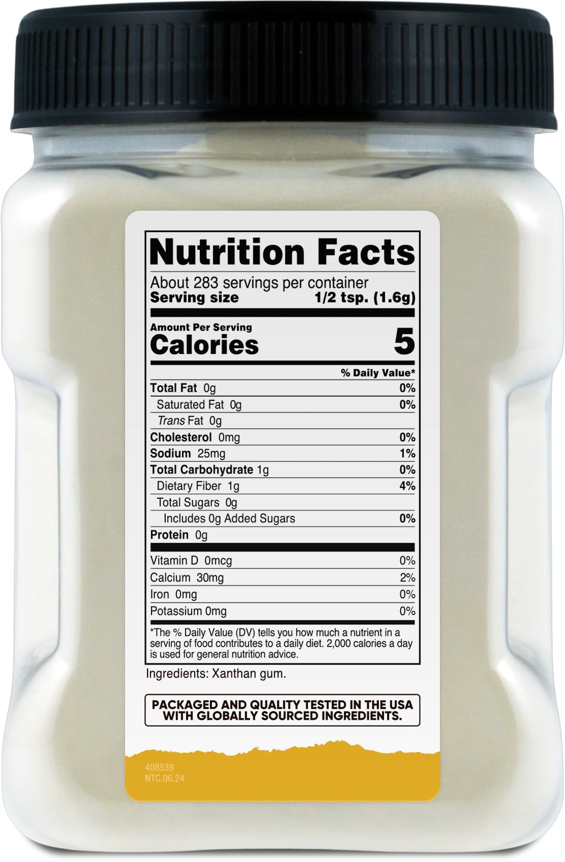 Nutricost xanthan gum label with gluten-free and GMO-free badges highlighting quality assurances