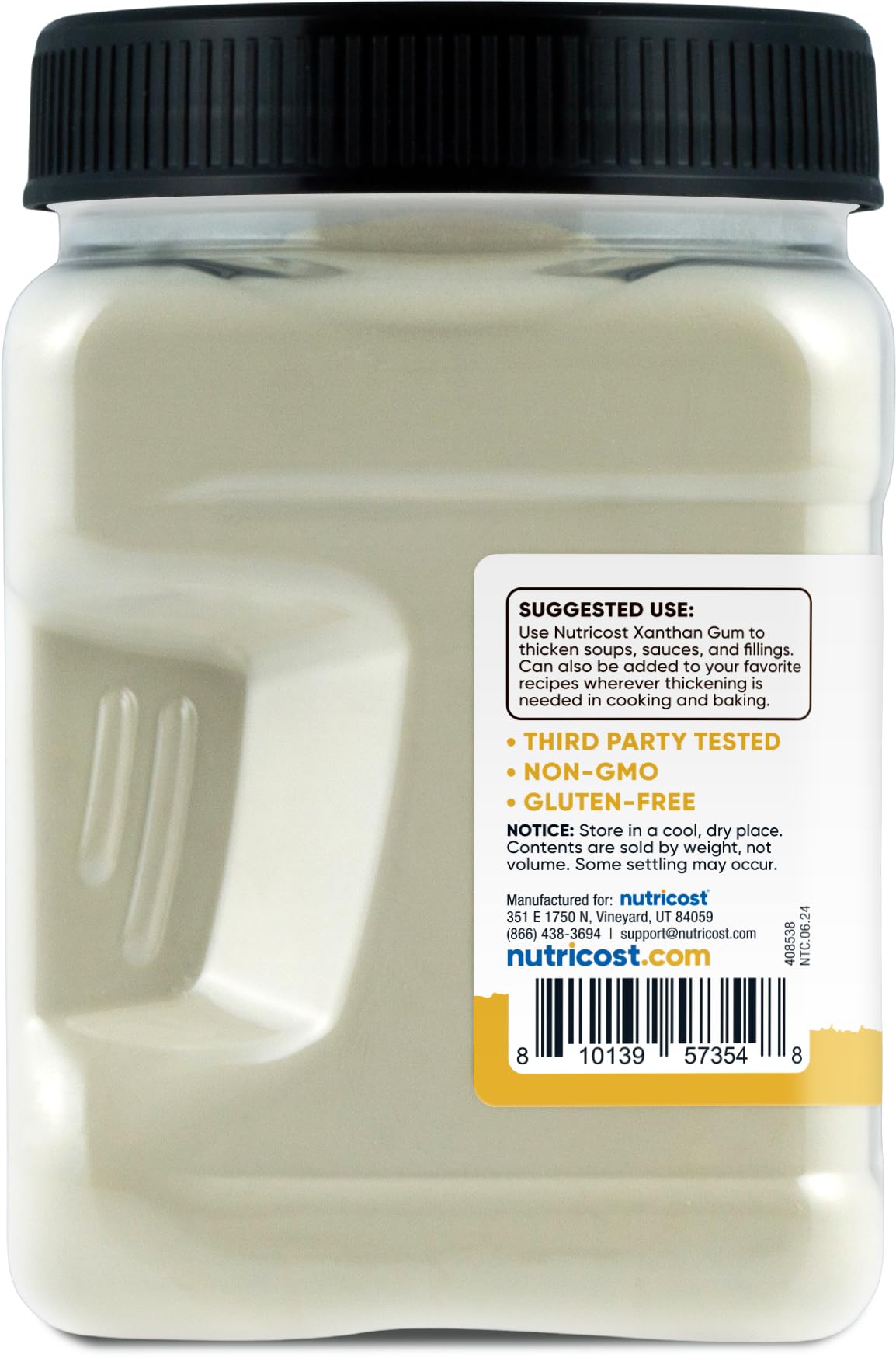 Nutricost xanthan gum beside a measuring cup to show one‑pound scale and portion guidance