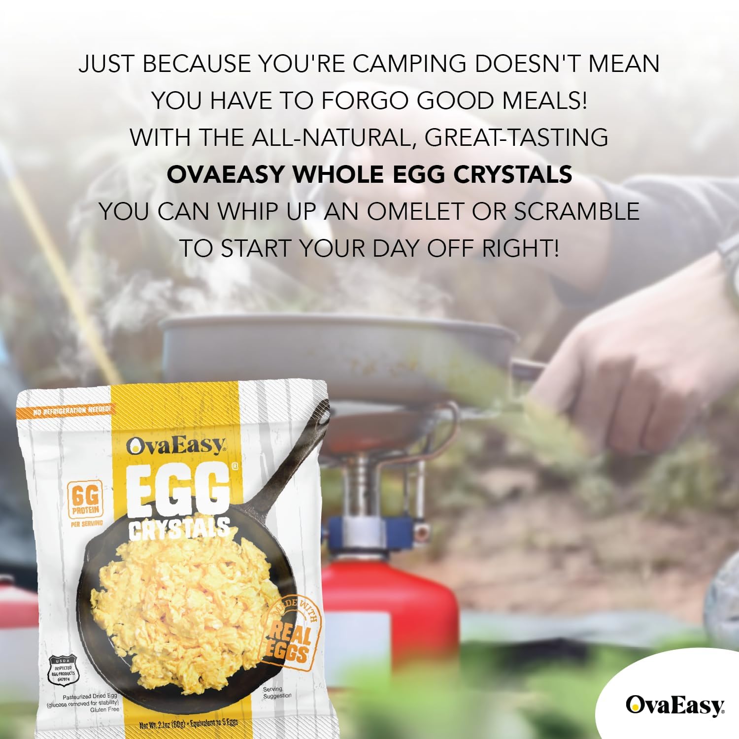 Nutriom OvaEasy packet next to a hand showing compact, space‑saving size