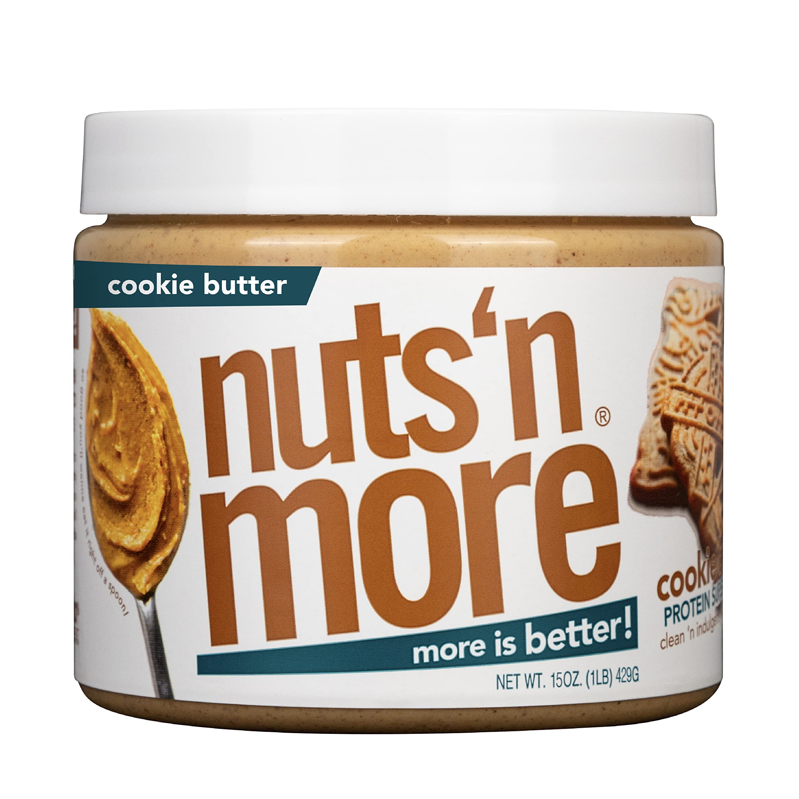Nuts 'N More front packaging showing jar and flavor, highlights high-protein benefit