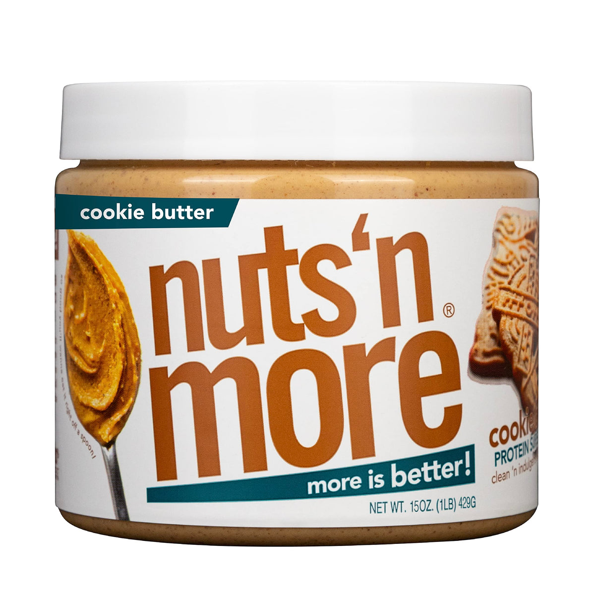 Nuts 'N More front packaging showing jar and flavor, highlights high-protein benefit