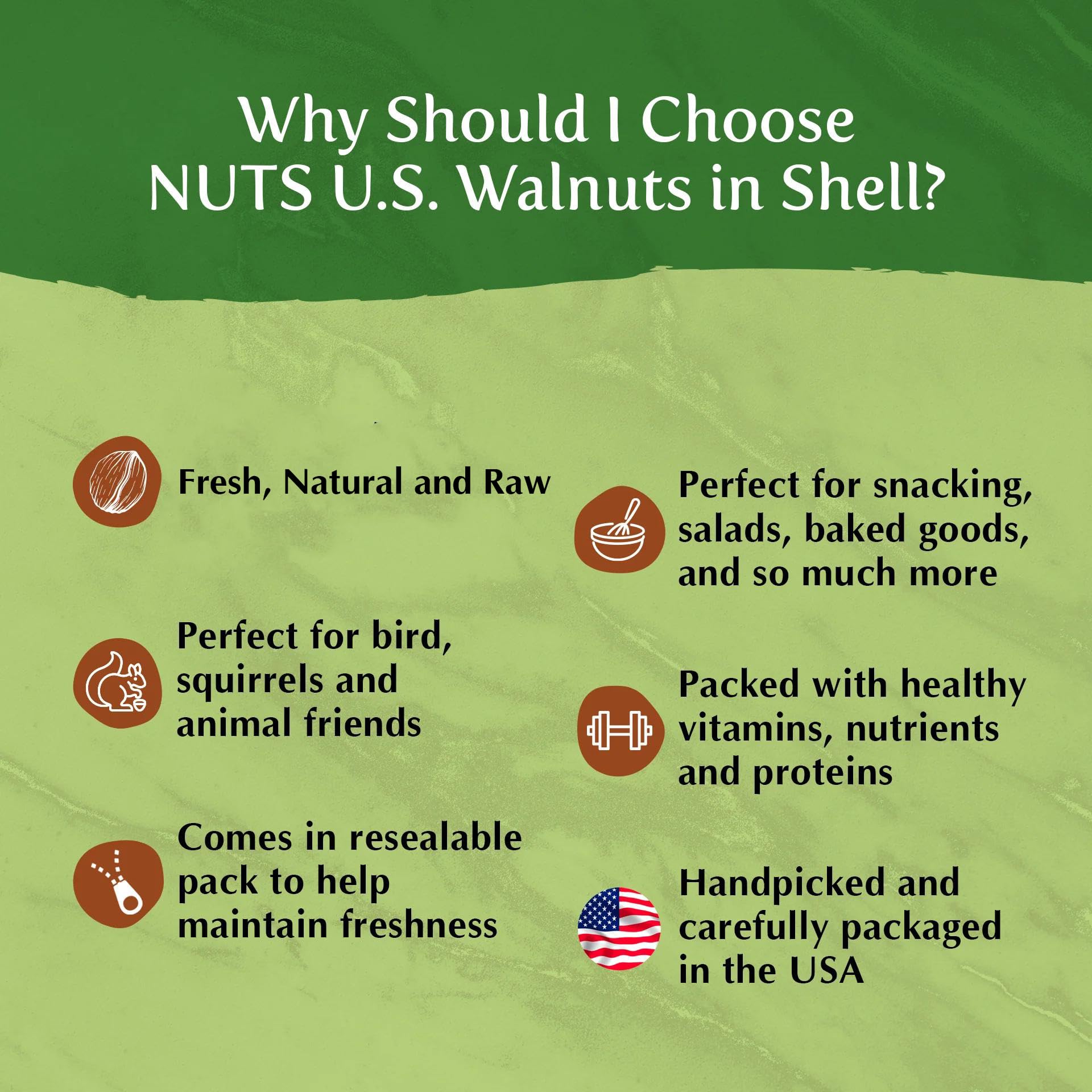 NUTS U.S. open bag showing in-shell walnuts preserving flavor and storage benefit