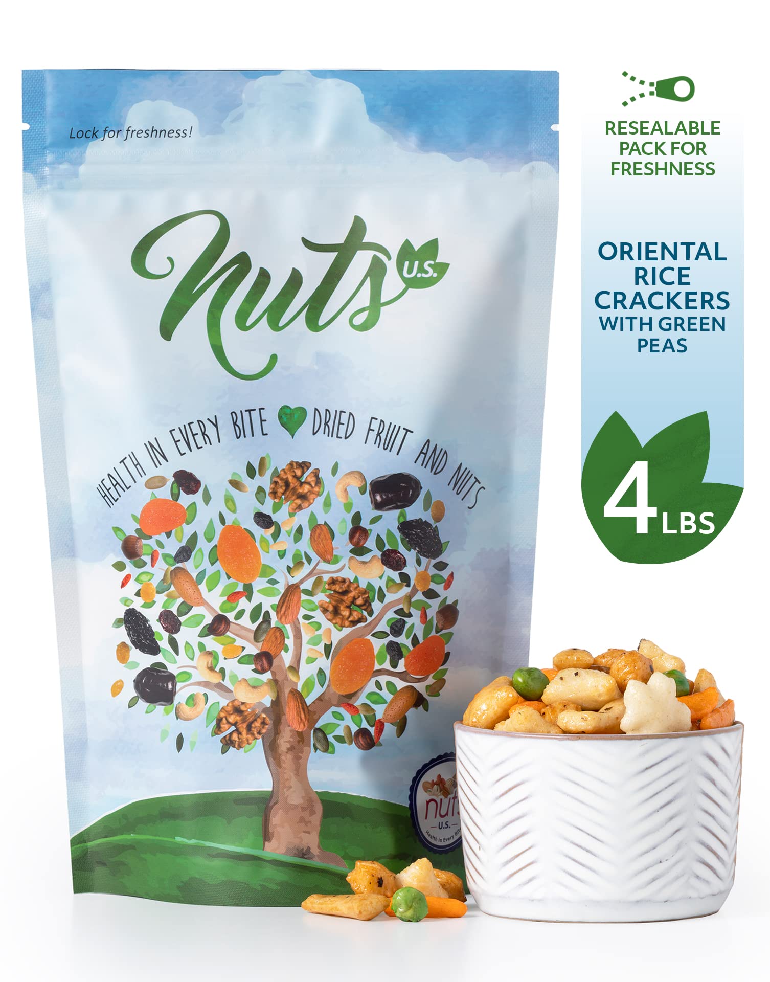NUTS U.S. close-up of rice cracker texture with green peas highlighting crunchy bite