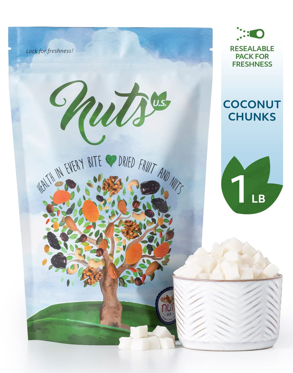 NUTS U.S. close-up of coconut chunk texture highlighting chew and sweet flavor