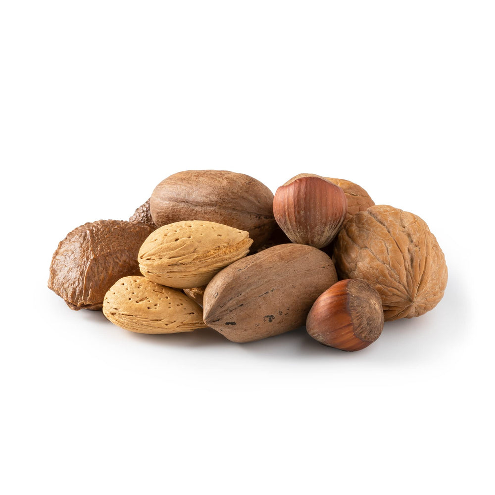 NUTS U.S. front bag showing 6 lb mixed in-shell nuts and fresh appearance