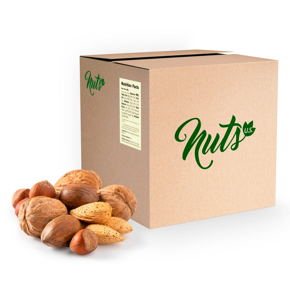 NUTS U.S. front packaging showing resealable 12 lb bag and variety benefit