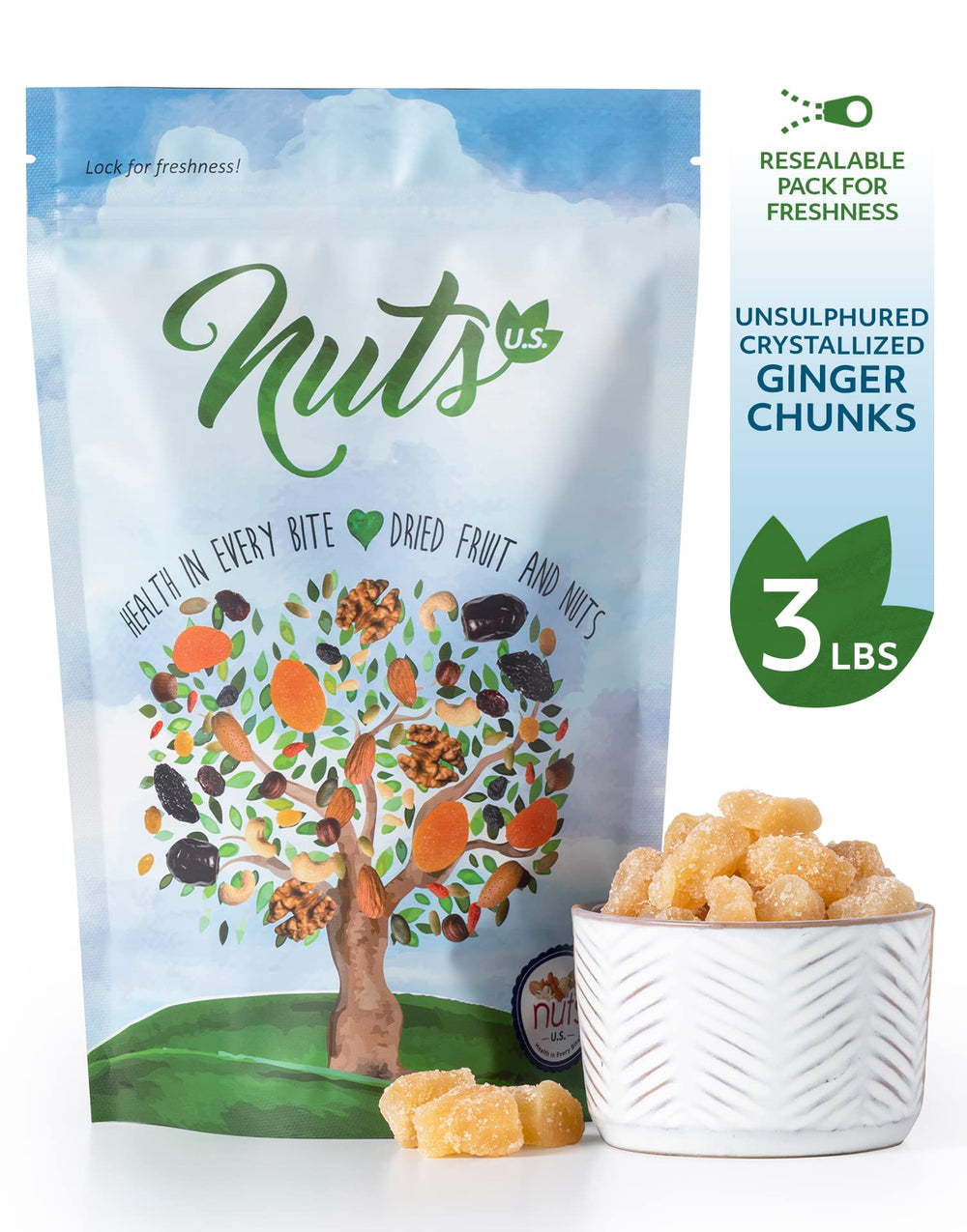 NUTS U.S. close-up of crystallized ginger texture highlighting chewy sugar coating