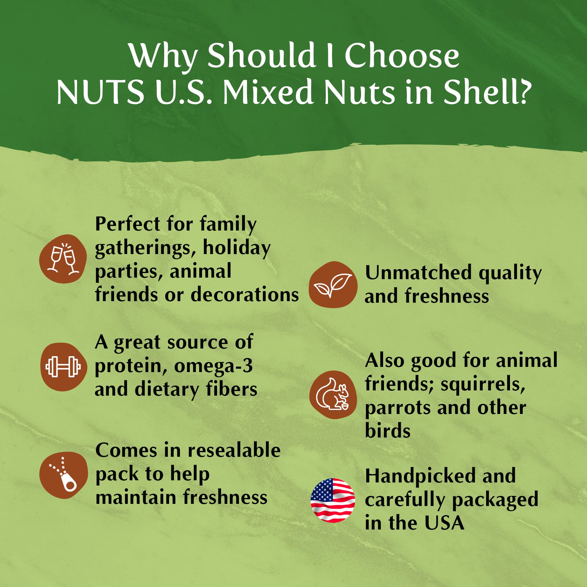 NUTS U.S. label close-up highlighting grown and packed in USA quality