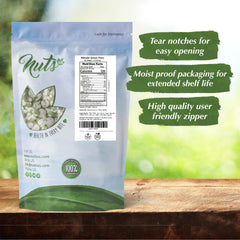 open 1 lb bag of NUTS U.S. wasabi green peas spilling into a bowl showing ready-to-eat convenience