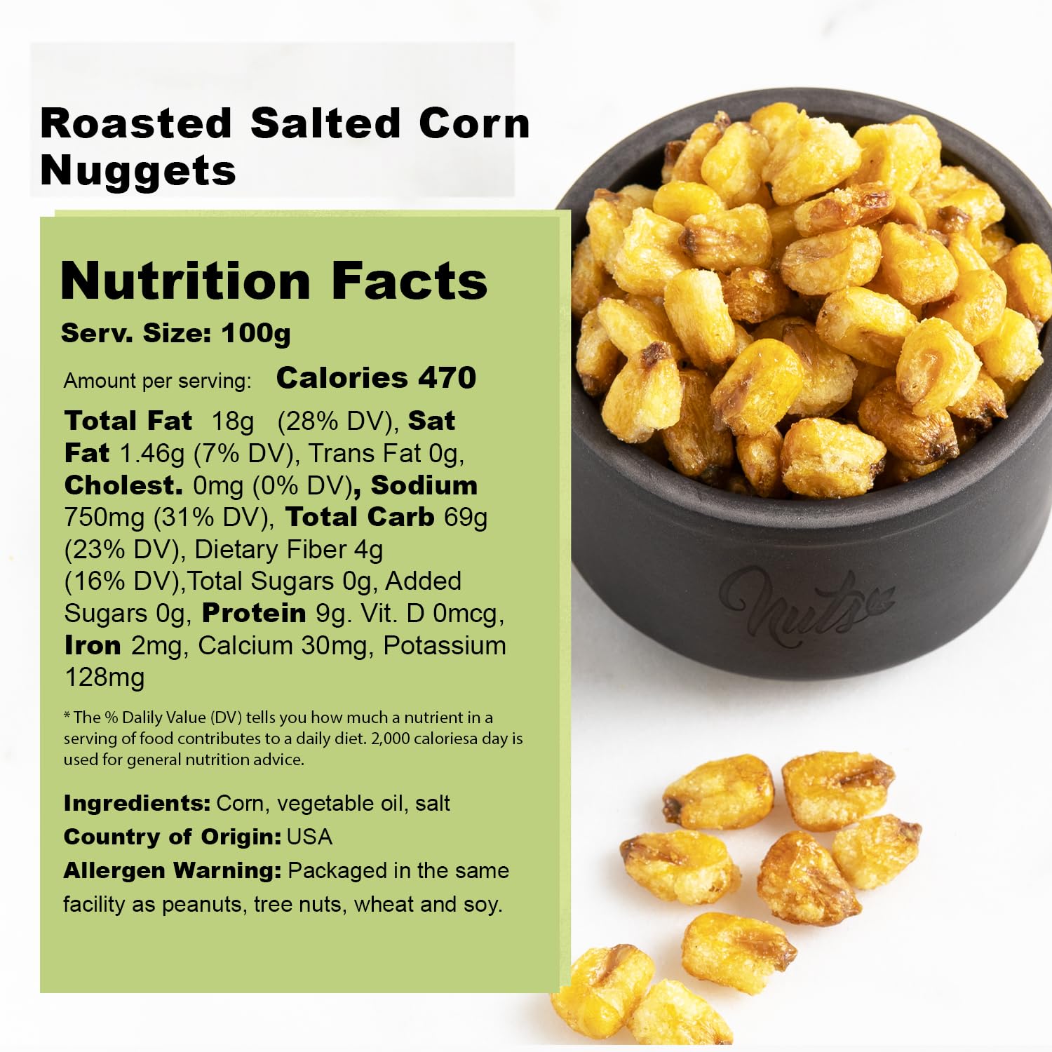 NUTS U.S. packaging label and nutrition facts showing ingredient transparency benefit