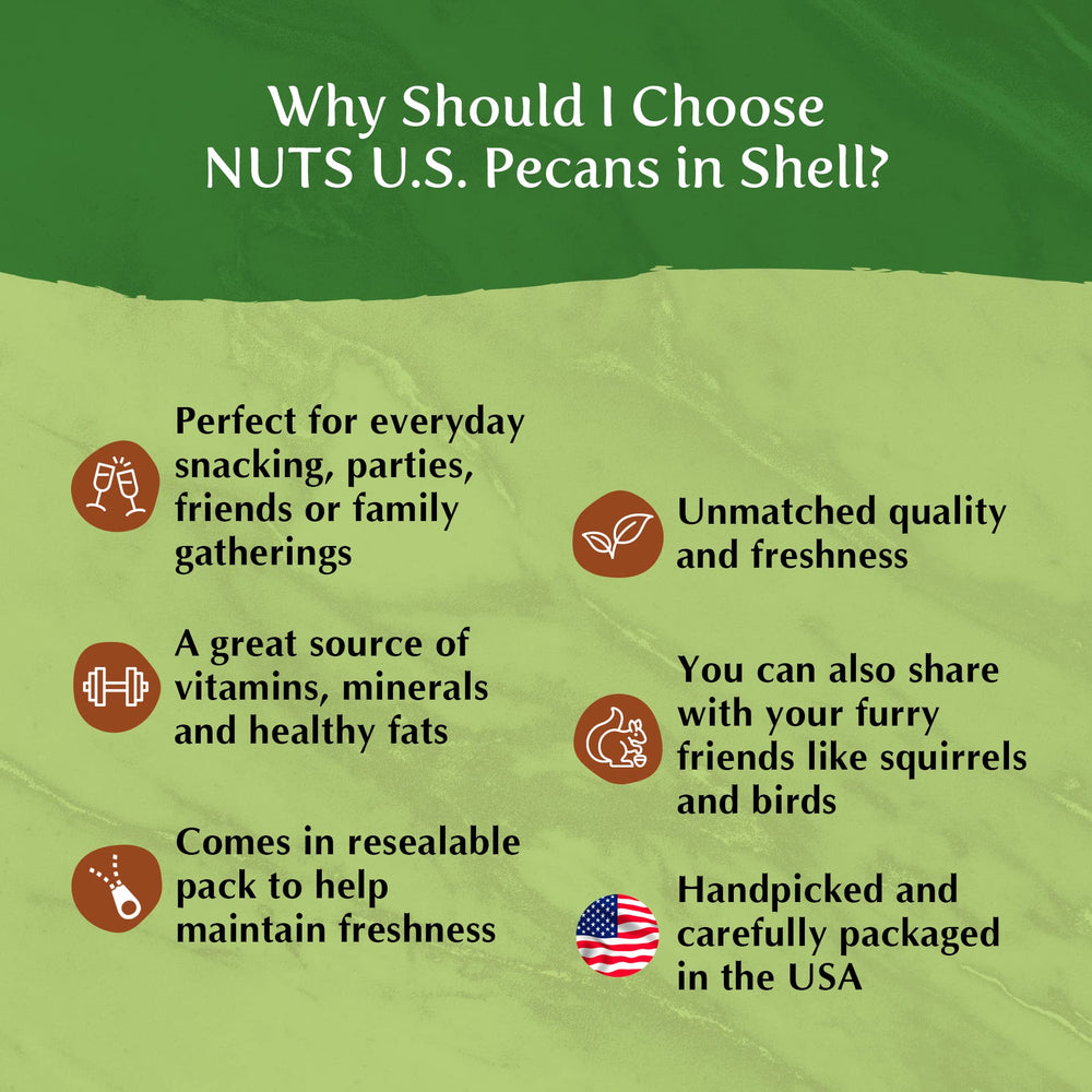 NUTS U.S. pecans next to hand showing 1 lb size and portion control