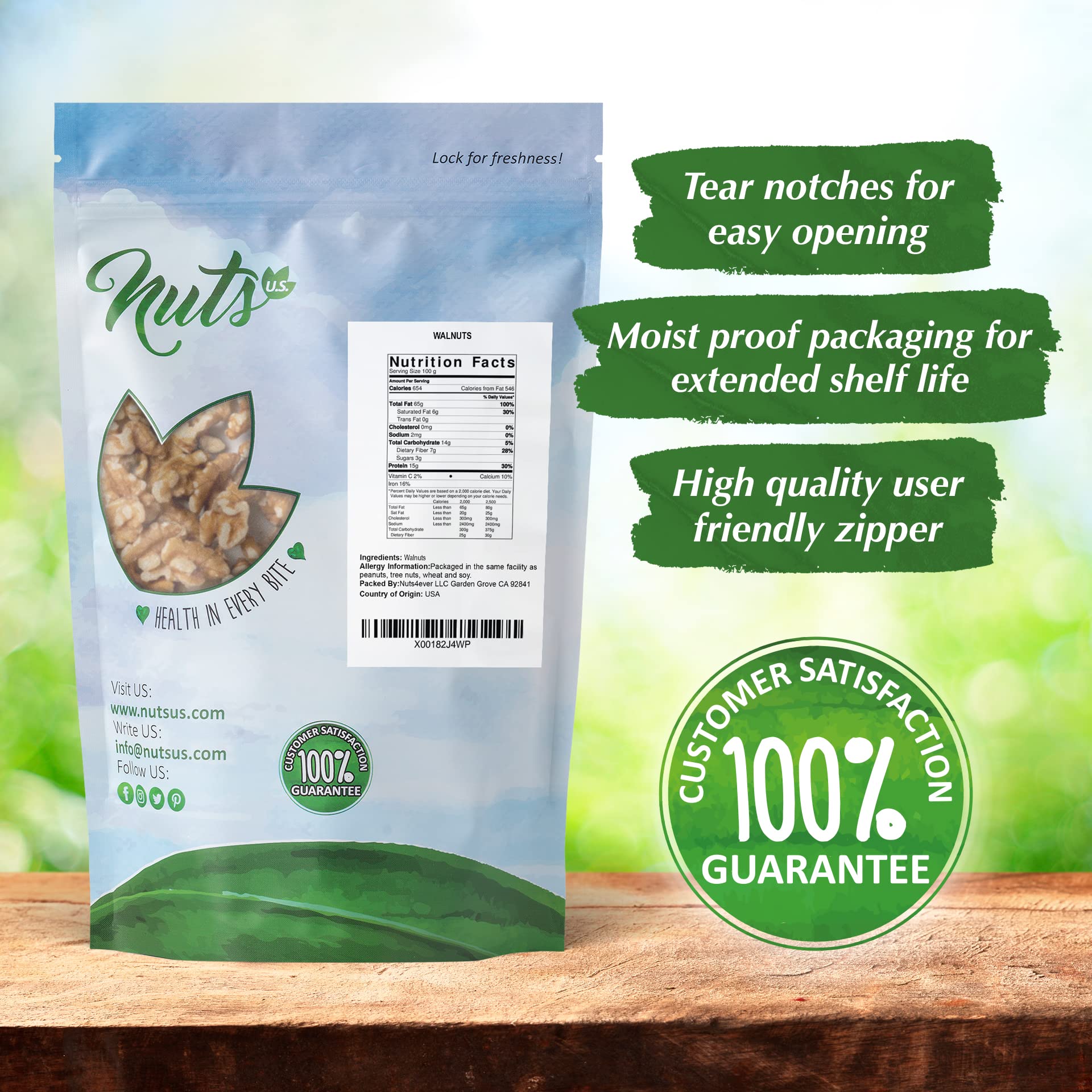 NUTS U.S. resealable zipper detail on bag for easy storage and freshness retention