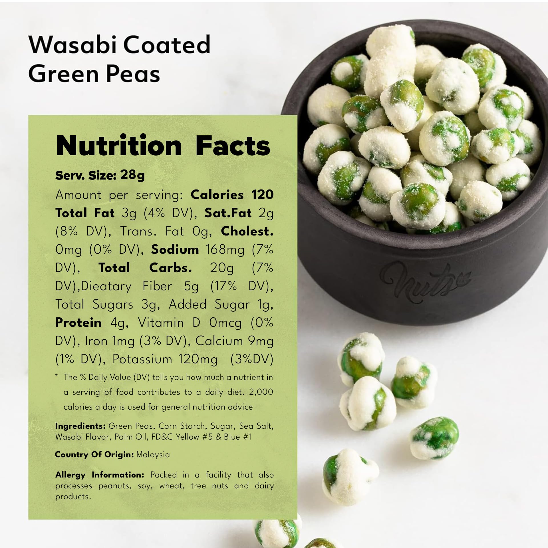 serving bowl of NUTS U.S. wasabi green peas on party table adding spicy, crunchy snack option