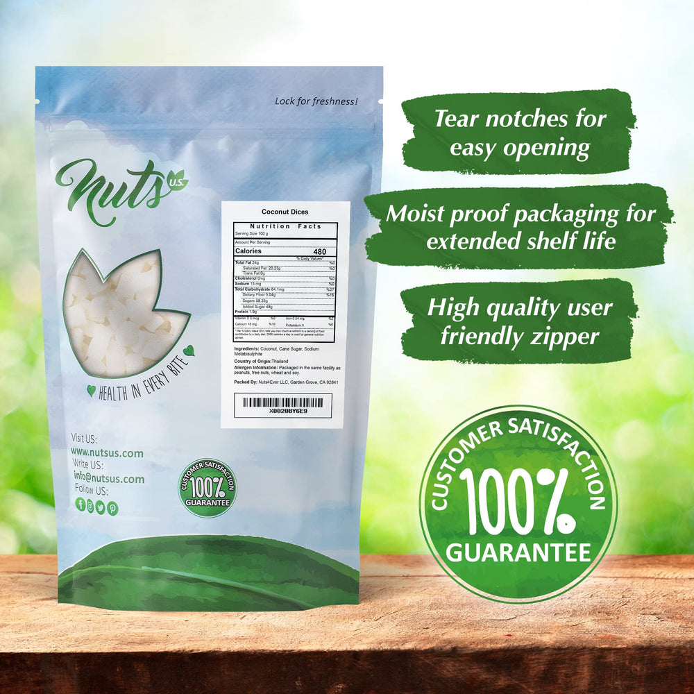 NUTS U.S. coconut chunks served in a bowl ready to top smoothies and salads