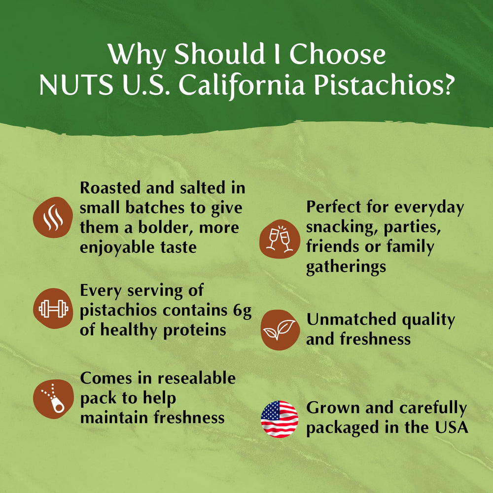 NUTS U.S. size comparison with hand holding pistachios demonstrating jumbo kernel size
