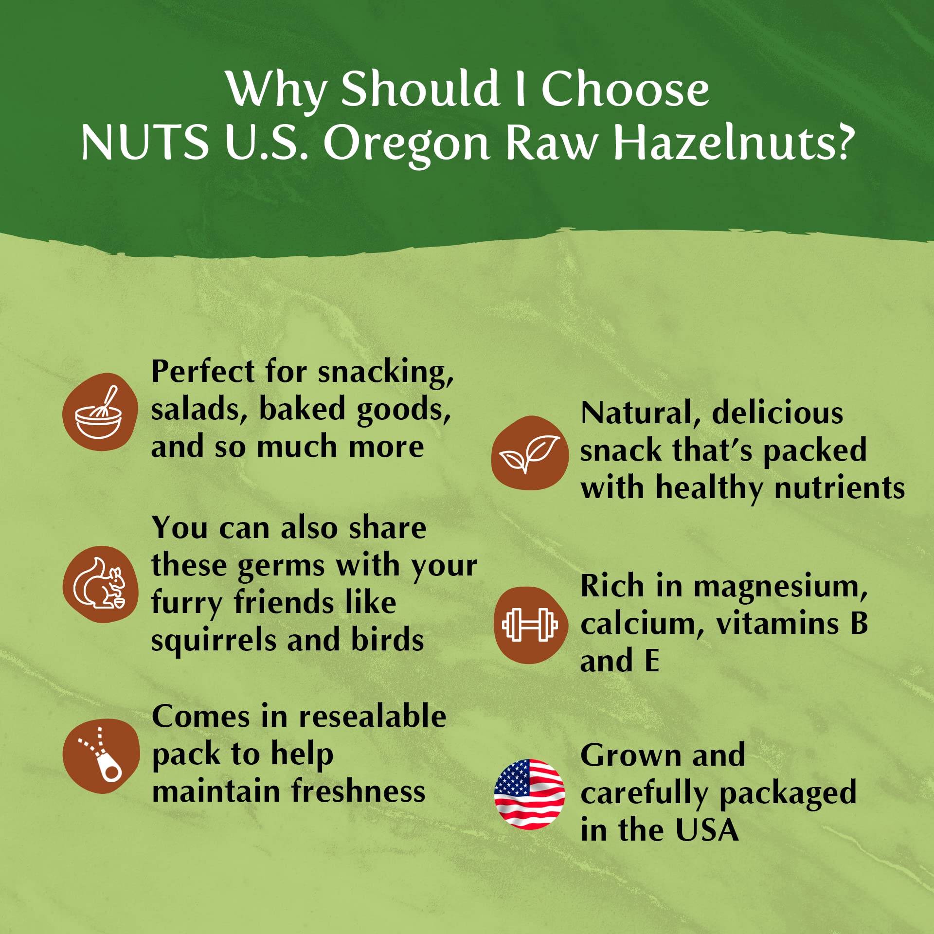 NUTS U.S. hazelnut held in hand showing jumbo size and portion guide