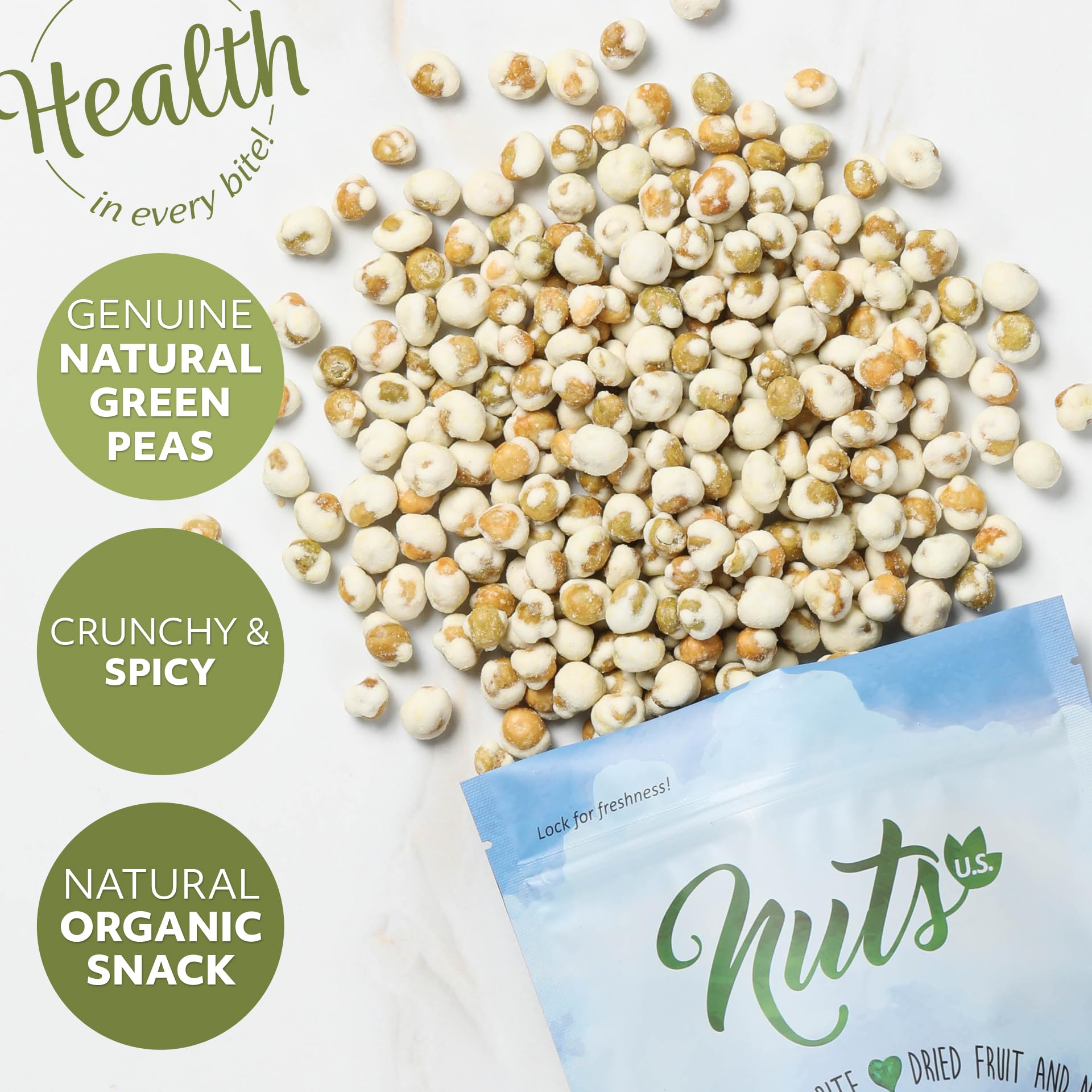 NUTS U.S. pea in hand for scale demonstrating single-serve portability benefit