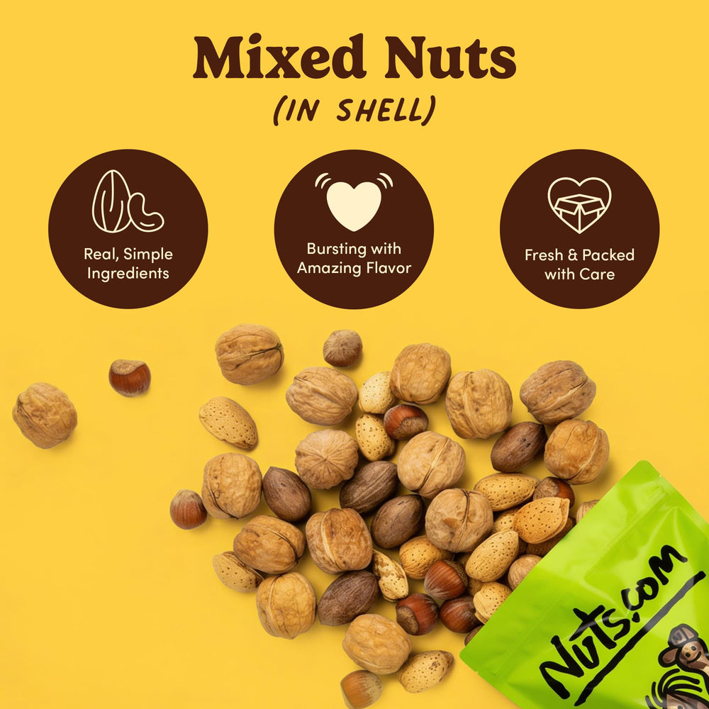Nuts.com top view of almonds hazelnuts and pecans in-shell illustrating variety and flavor