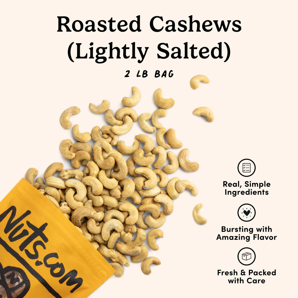 Nuts.com close-up of cashew texture highlighting creamy, buttery bite and fresh roast flavor